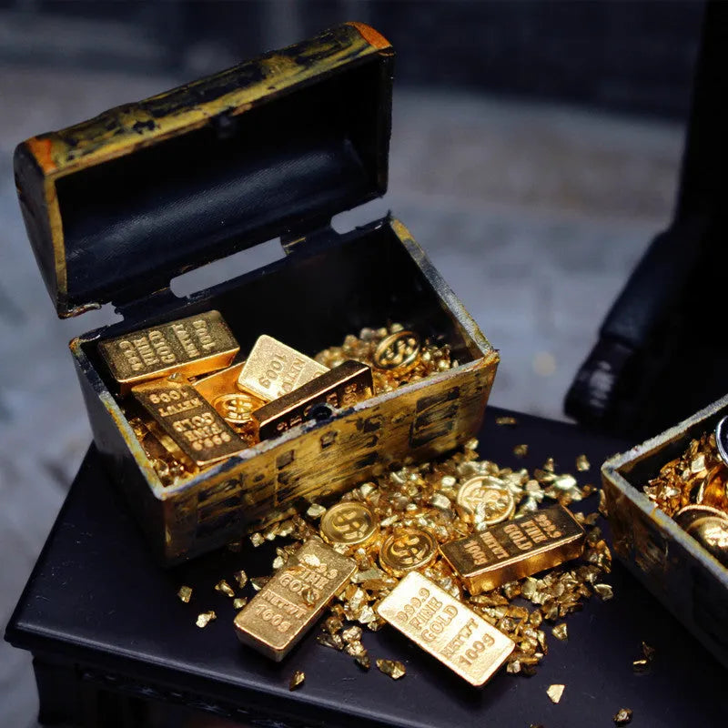 Alloy treasure chest doll house accessories with miniature gold coins and gold bars
