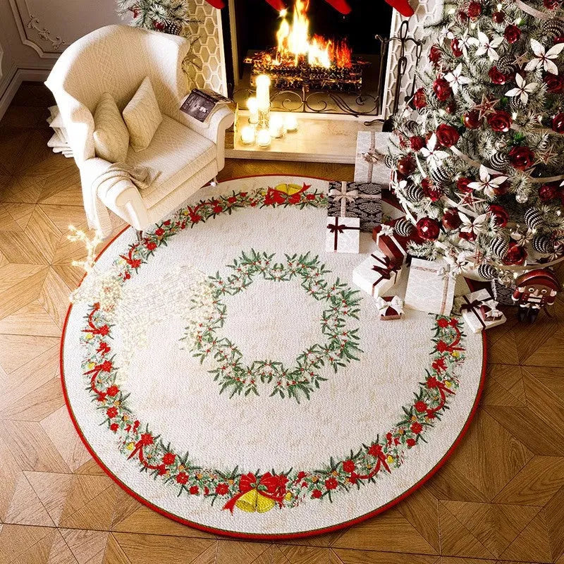 Red Christmas-themed round polyester floor mat with non-slip base on a living room floor.