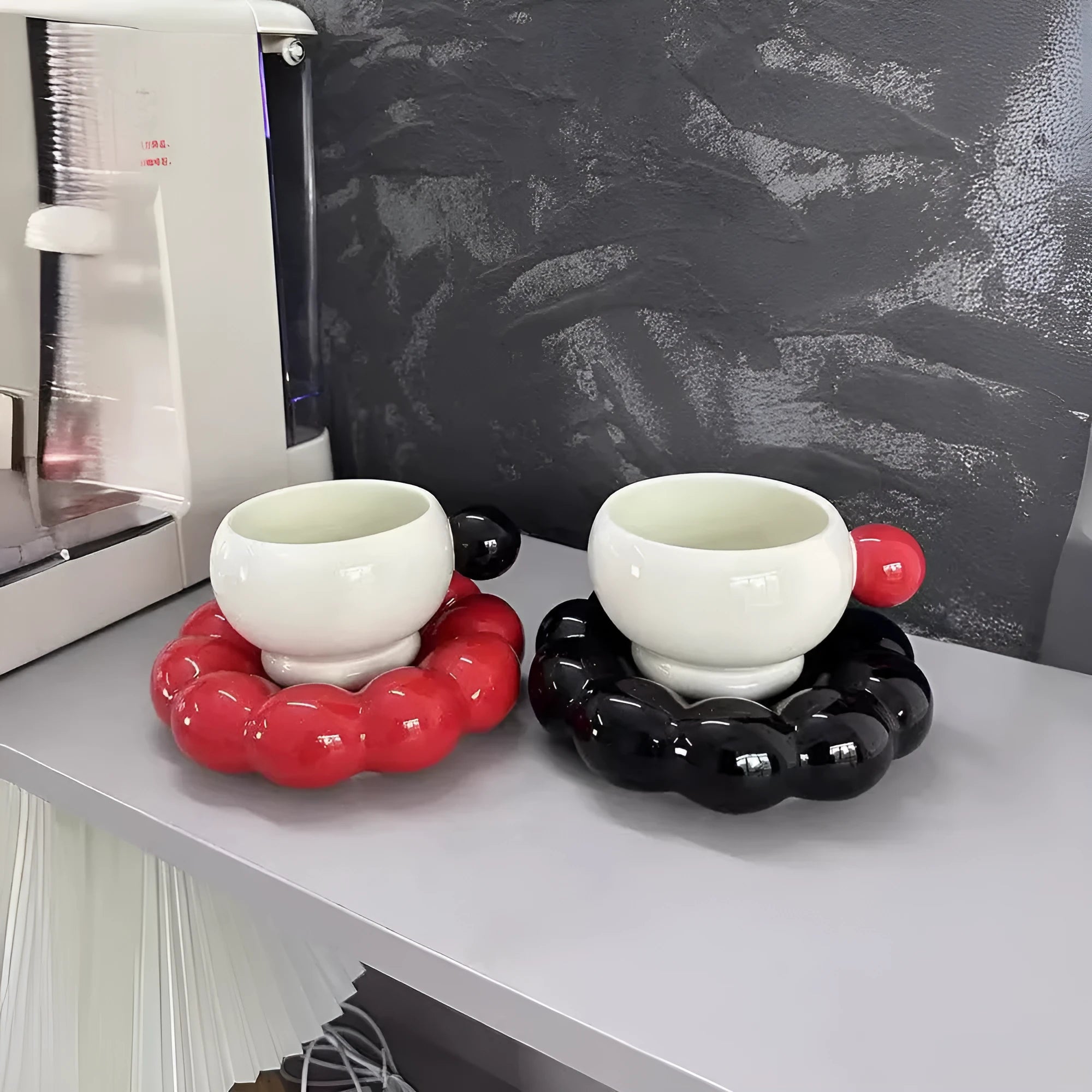 Nordic style ceramic coffee cup and dish set in a solid colour, showing high temperature resistant material.