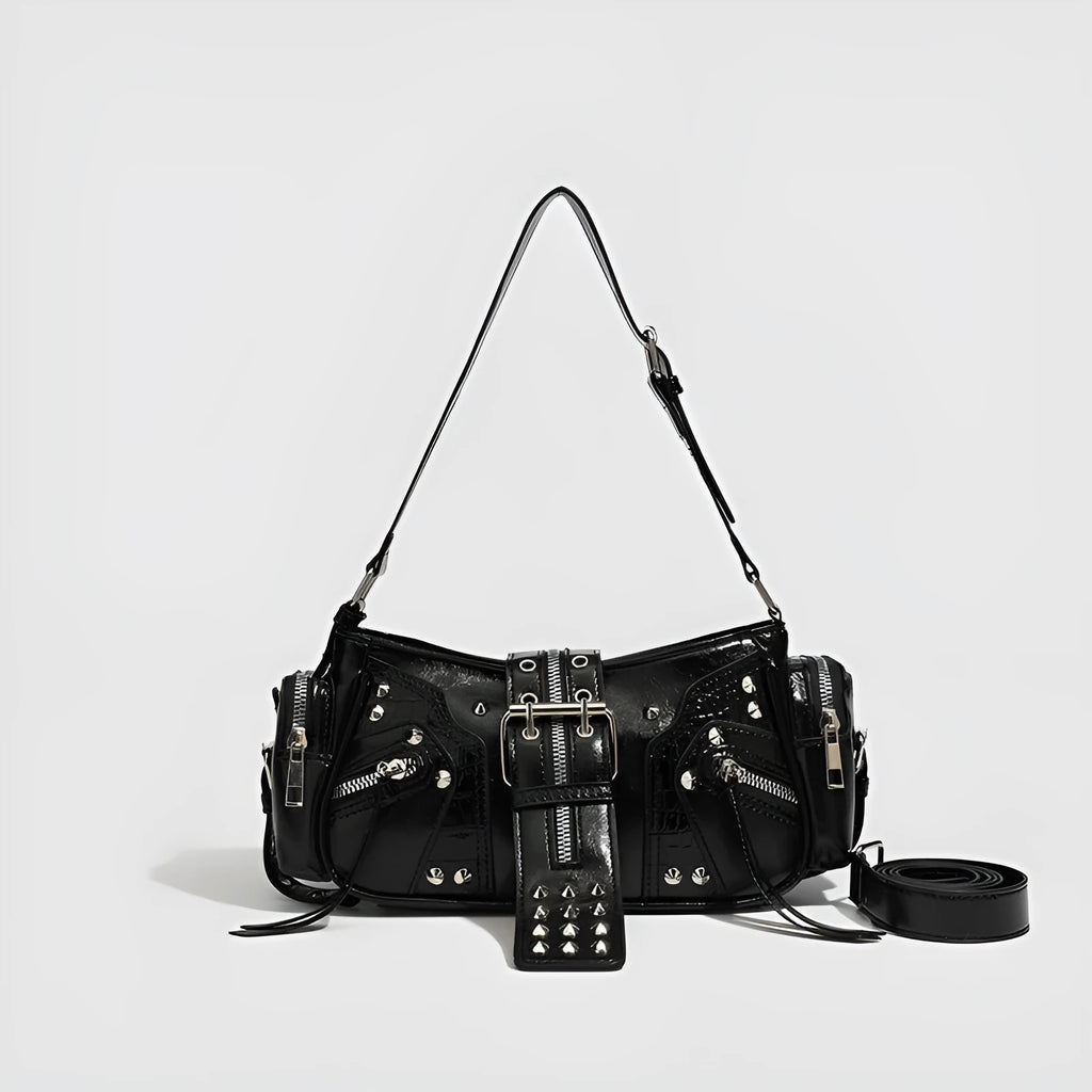 Black retro dumpling-shaped handbag with oil wax leather exterior and multiple internal compartments