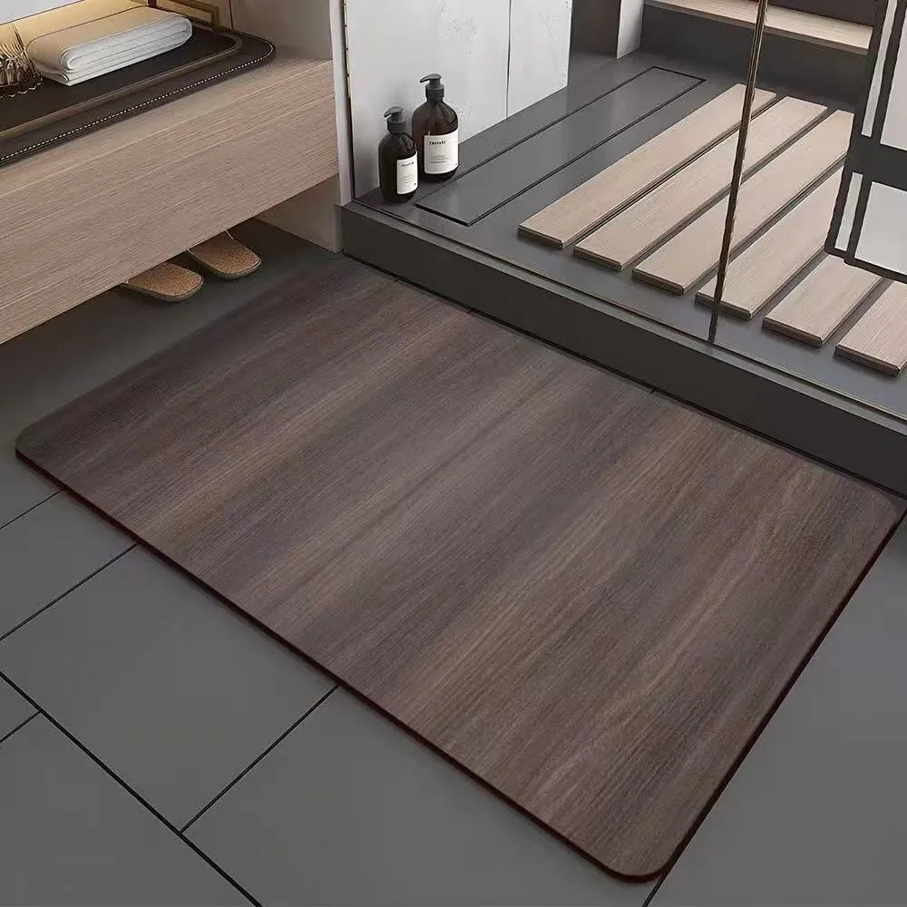 Square American-style wood grain geometric pattern floor mat for bathroom entrance.