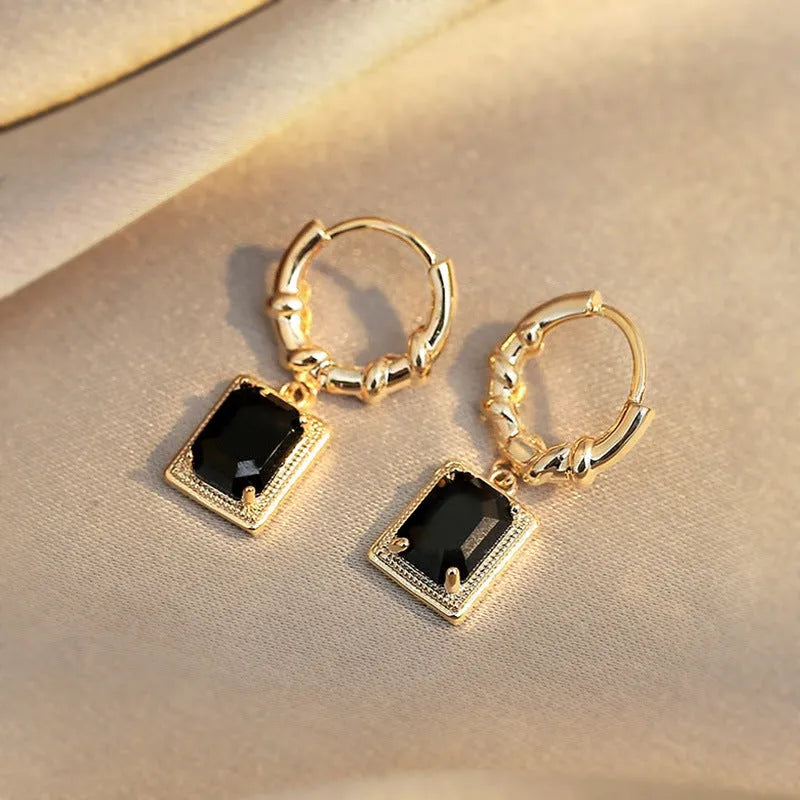 Black geometric quadrilateral zircon earrings with French court retro design on copper alloy