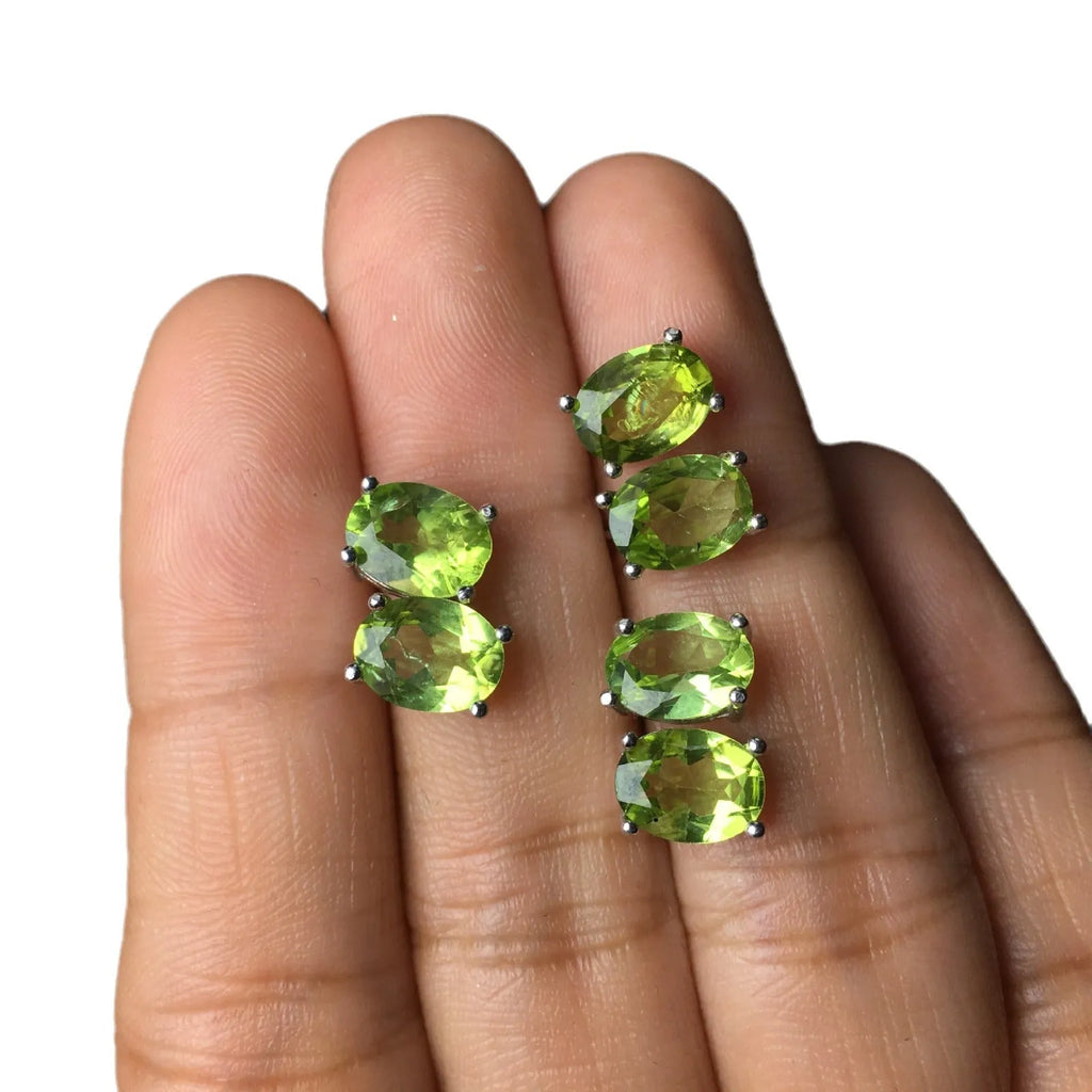 Grass green natural olivine oval stone stud earrings in S925 sterling silver.