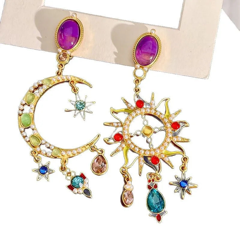 Mid-ancient coloured glaze crystal moon asymmetric earrings diamond-treated star shape Chinese style women