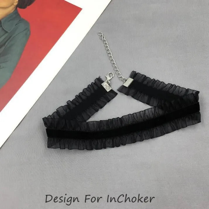 Velvet ruffled floral clavicle necklace with snake bones chain in alloy, available in black, light coffee, or white.