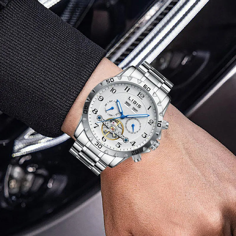 Men's silver steel automatic perpetual calendar watch with stainless steel strap and sapphire crystal