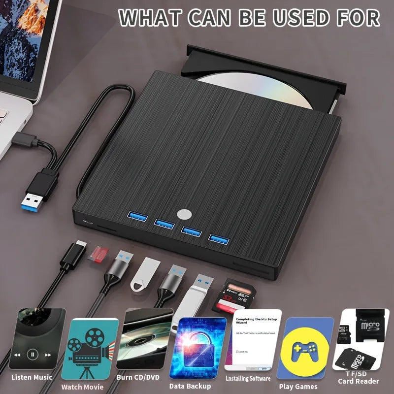 Black external DVD burner with USB interface, tray-type CD loading and 0.36kg weight
