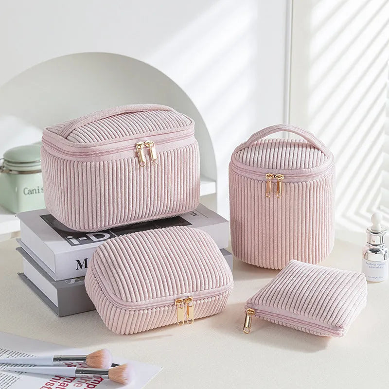 Flannelette makeup bag four-piece set in cube style, shown in pink, khaki, pink dots, and blue with dots colour options
