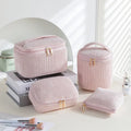 Flannelette makeup bag four-piece set in cube style, shown in pink, khaki, pink dots, and blue with dots colour options