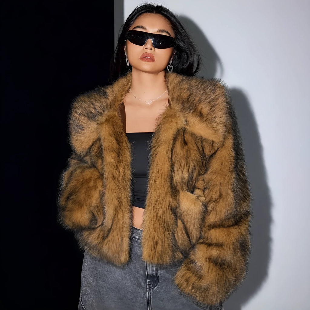 Artificial fur coat with fox fur style design in black tip colour variation