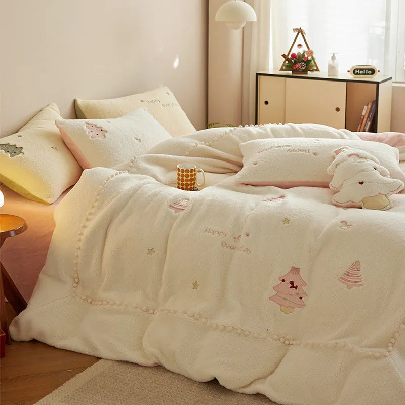 Milk fibre bedding four-piece set with green Christmas tree pattern showing quilt cover, sheet, and pillowcase