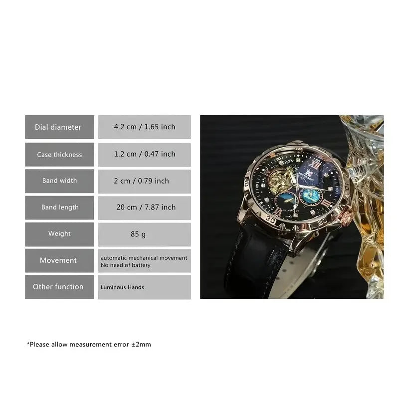 Large dial automatic mechanical watch with rose gold case, black leather strap, and visible skeleton movement