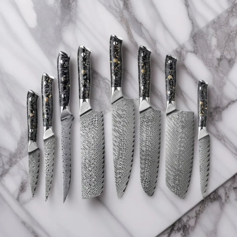 Damascus kitchen knife set 67-layer steel 8-piece collection with fishbone pattern