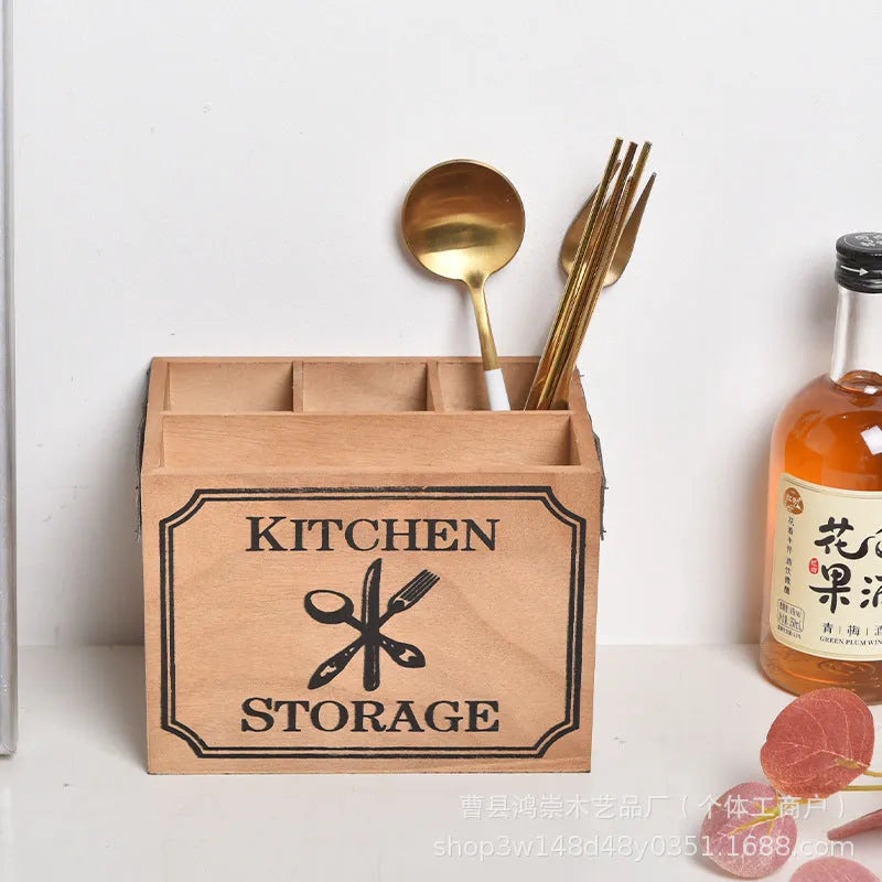 Wooden kitchen storage box with grid divider for organising knives forks and chopsticks
