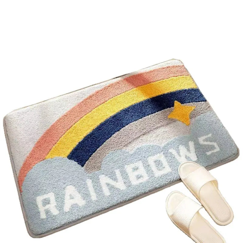 Rainbow pattern sky sea colour polyester fibre carpet mat with plastic bottom in square shape