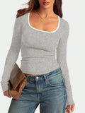 Women's slim fit cotton long sleeve top with square collar in solid colour.