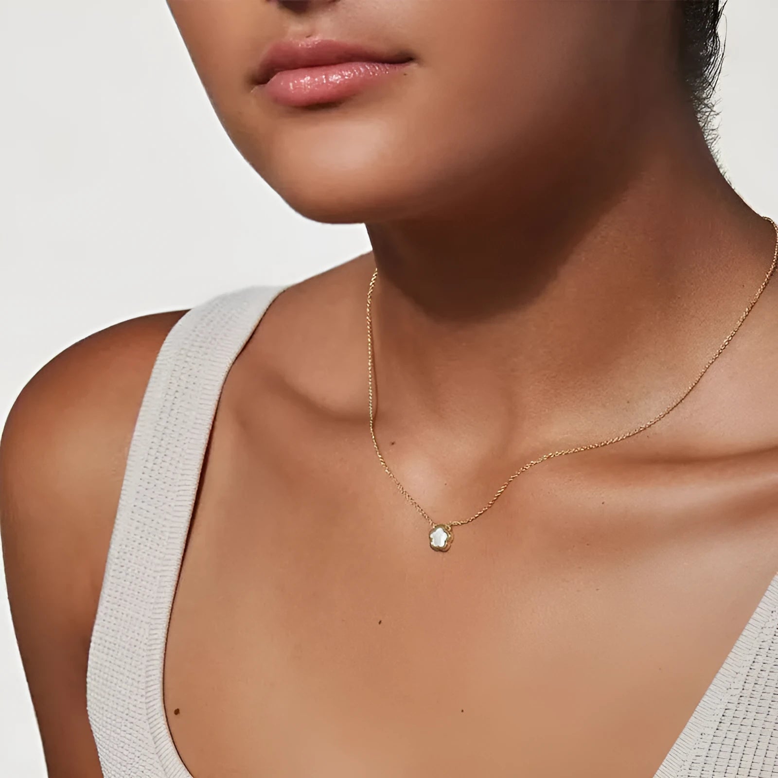 White mother of pearl shell flower pendant necklace on gold or silver plated copper chain