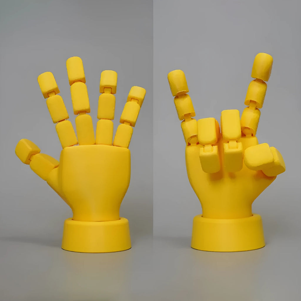 Yellow PLA movable joint hand props for stop motion animation measuring 5x5.38x7.5cm