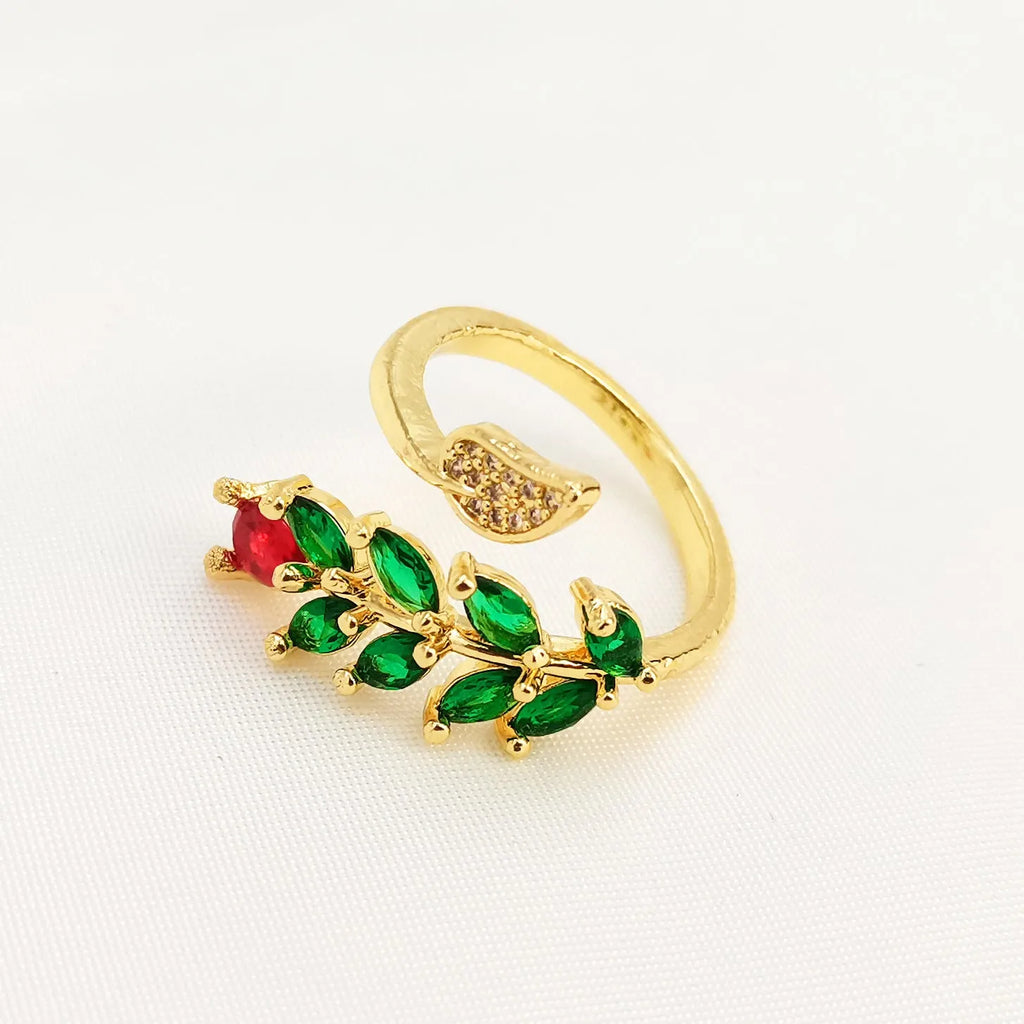 Women's copper gold-plated open ring with leaf geometric pattern and zircon stone accents