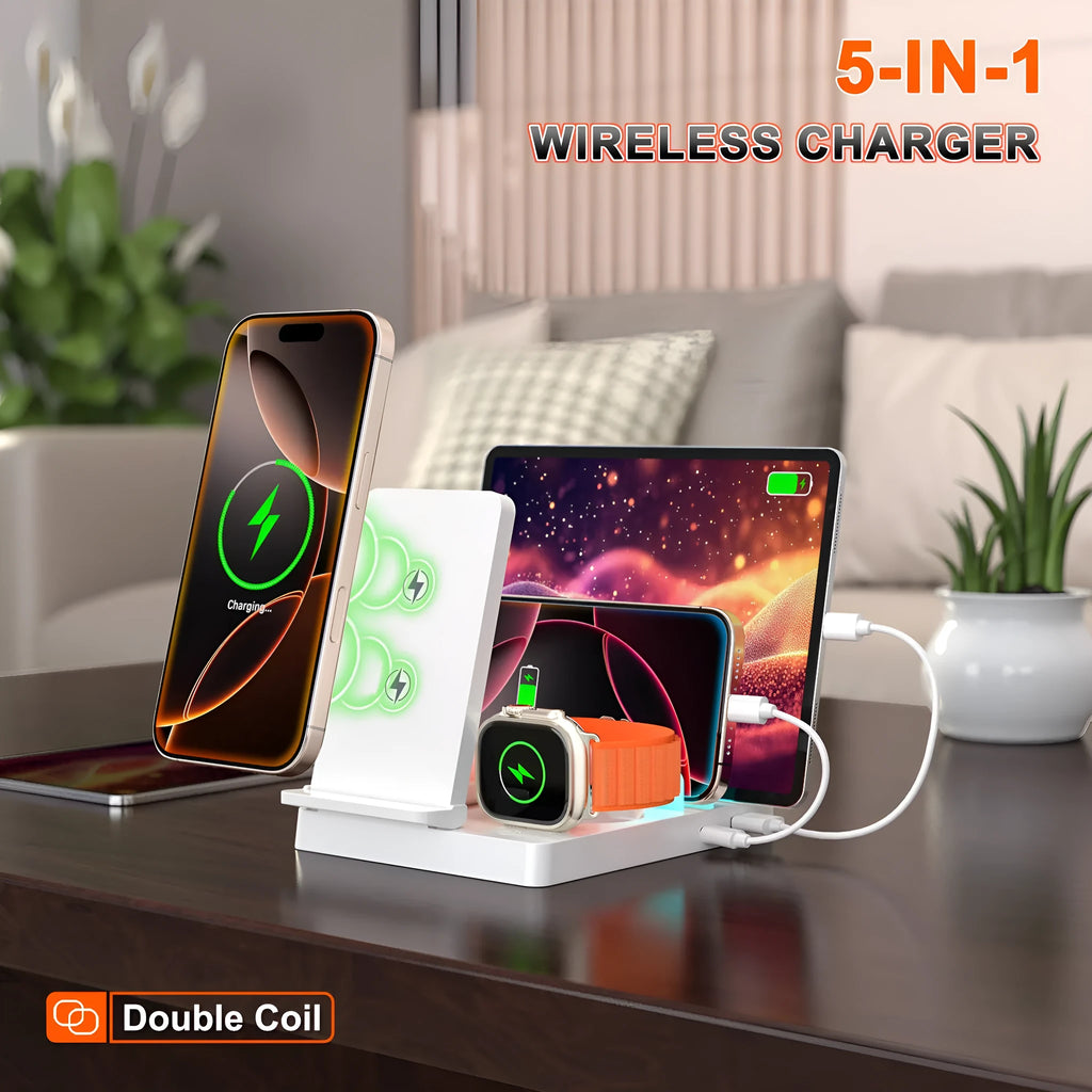 New five-in-one desktop multi-function magnetic charger in black with plastic and alloy construction