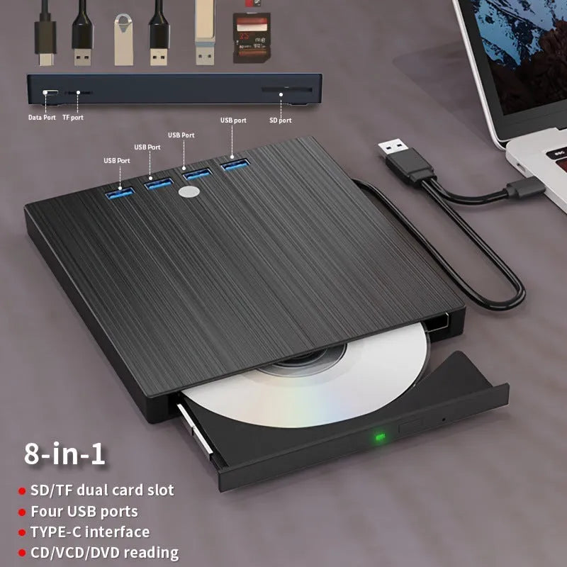 Black external DVD burner with USB interface, tray-type CD loading and 0.36kg weight