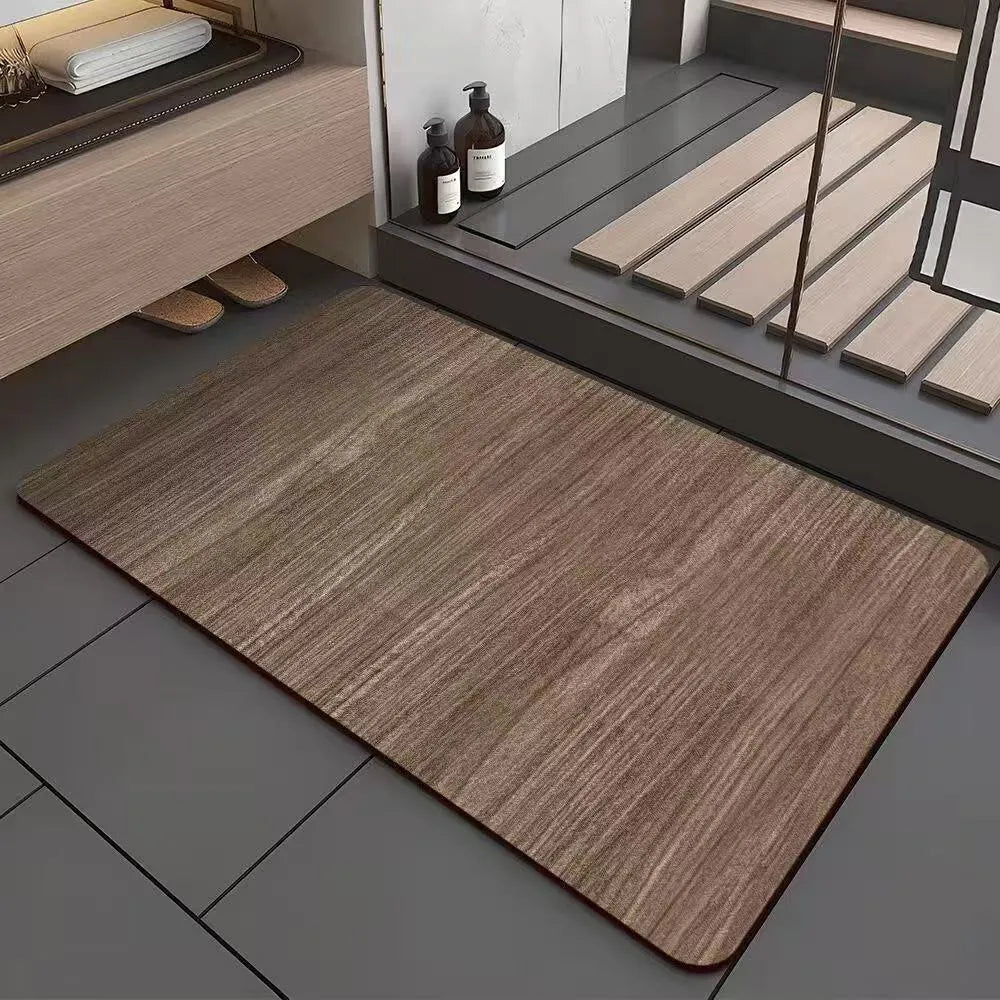 Square American-style wood grain geometric pattern floor mat for bathroom entrance.