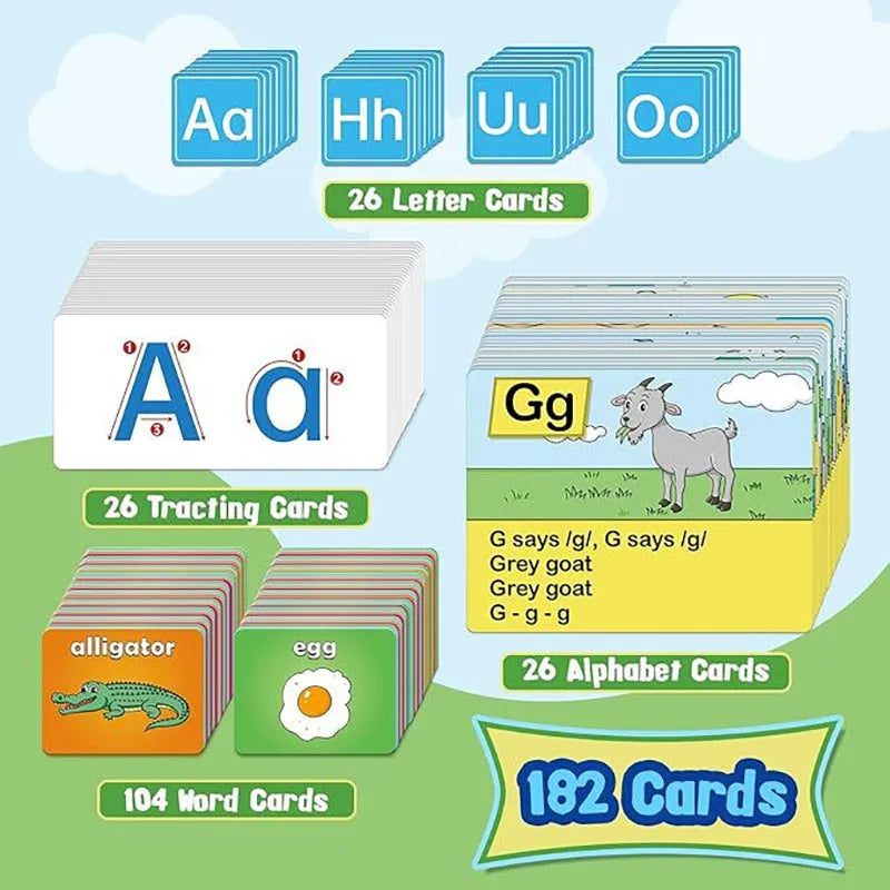 Alphabet learning chart with word cards, letter cards, and picture cards displayed on a 60cm by 40cm sleeve table.