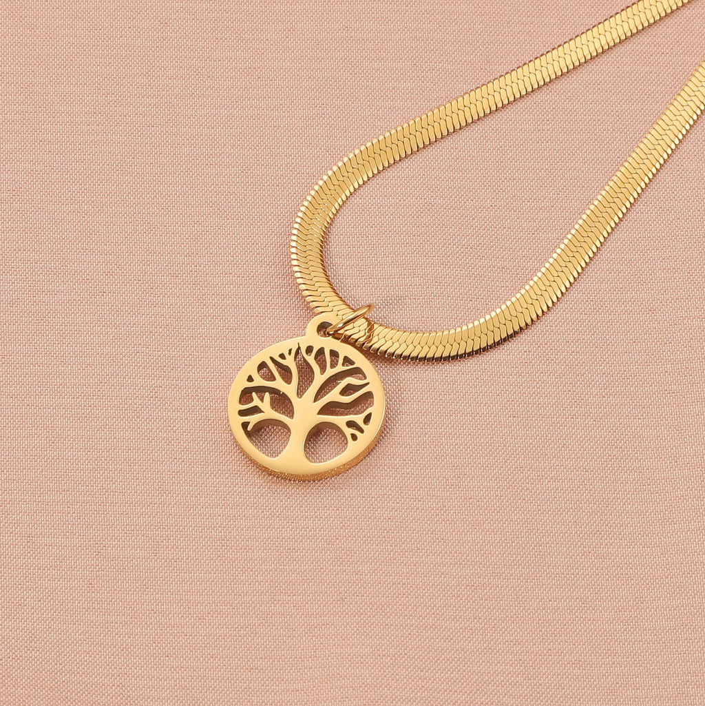 Stainless steel chain necklace with U-shaped lucky tree pendant in gold or steel colour options