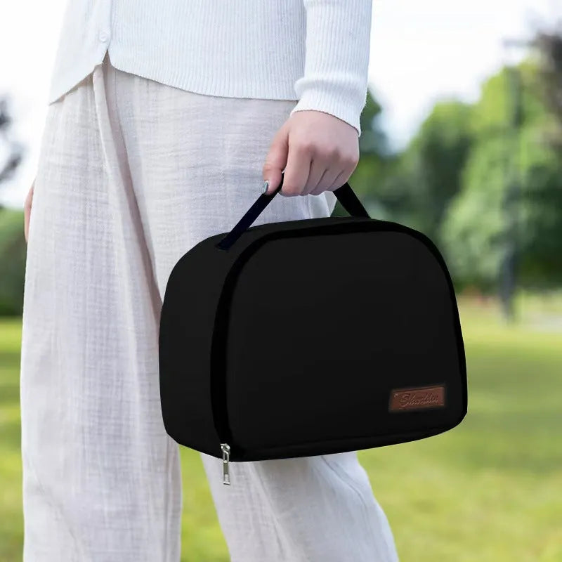 Large capacity insulated lunch box bag in textured cloth material with bento box