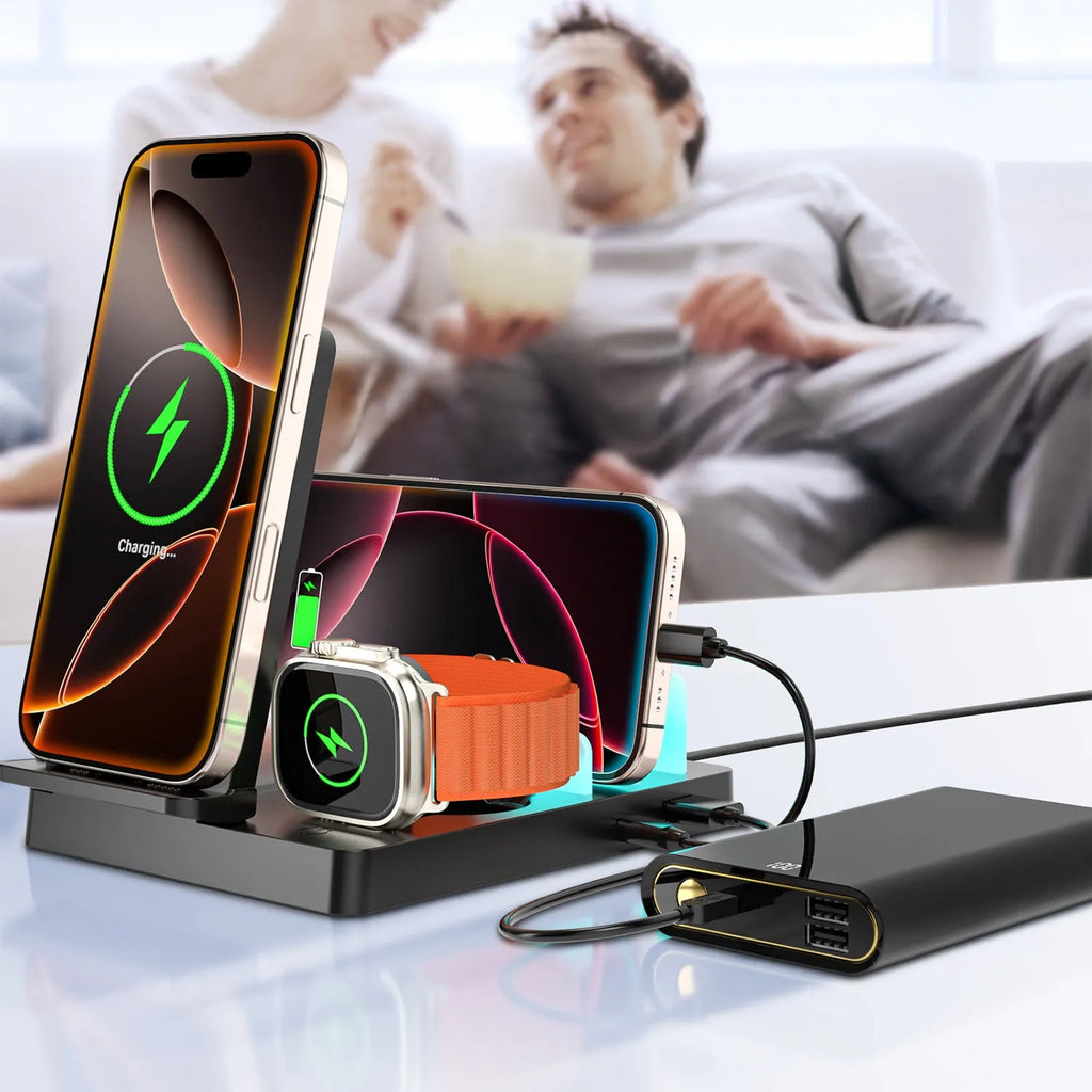 New five-in-one desktop multi-function magnetic charger in black with plastic and alloy construction