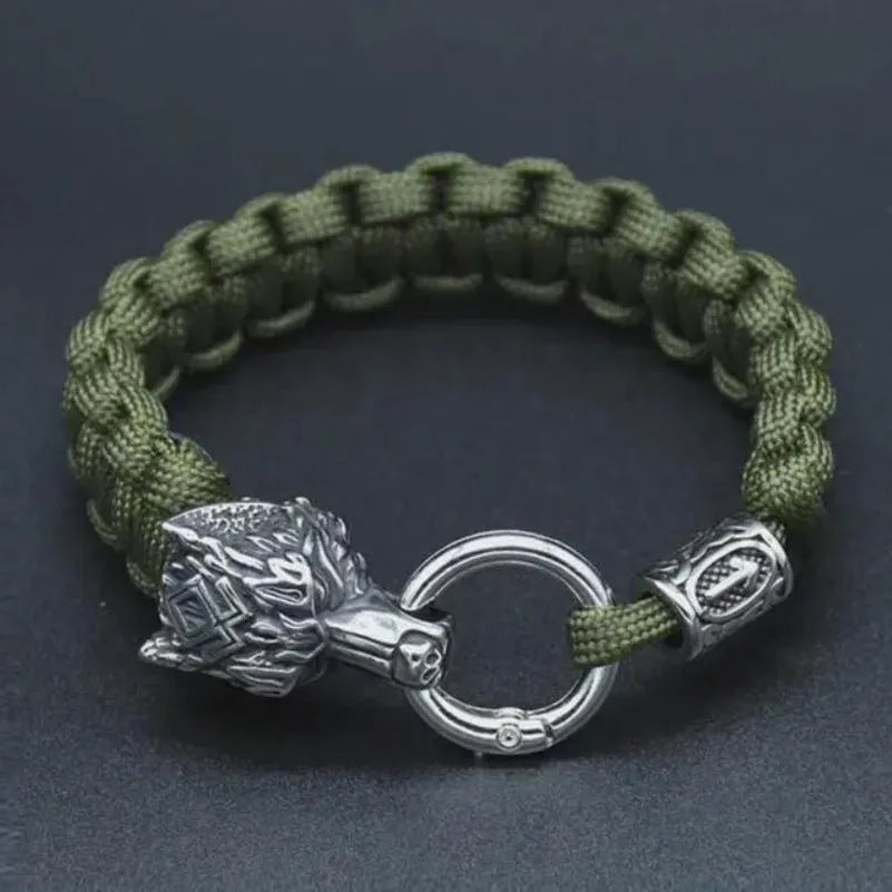 Handmade titanium steel wolf head bracelet with Luen character and camouflage finish