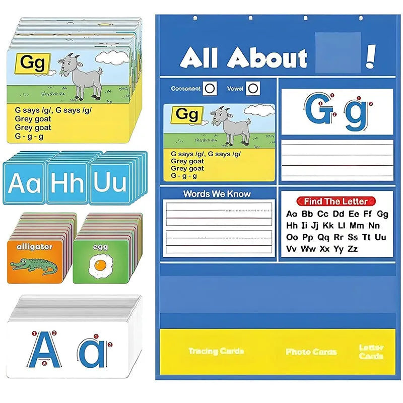 Alphabet learning chart with word cards, letter cards, and picture cards displayed on a 60cm by 40cm sleeve table.