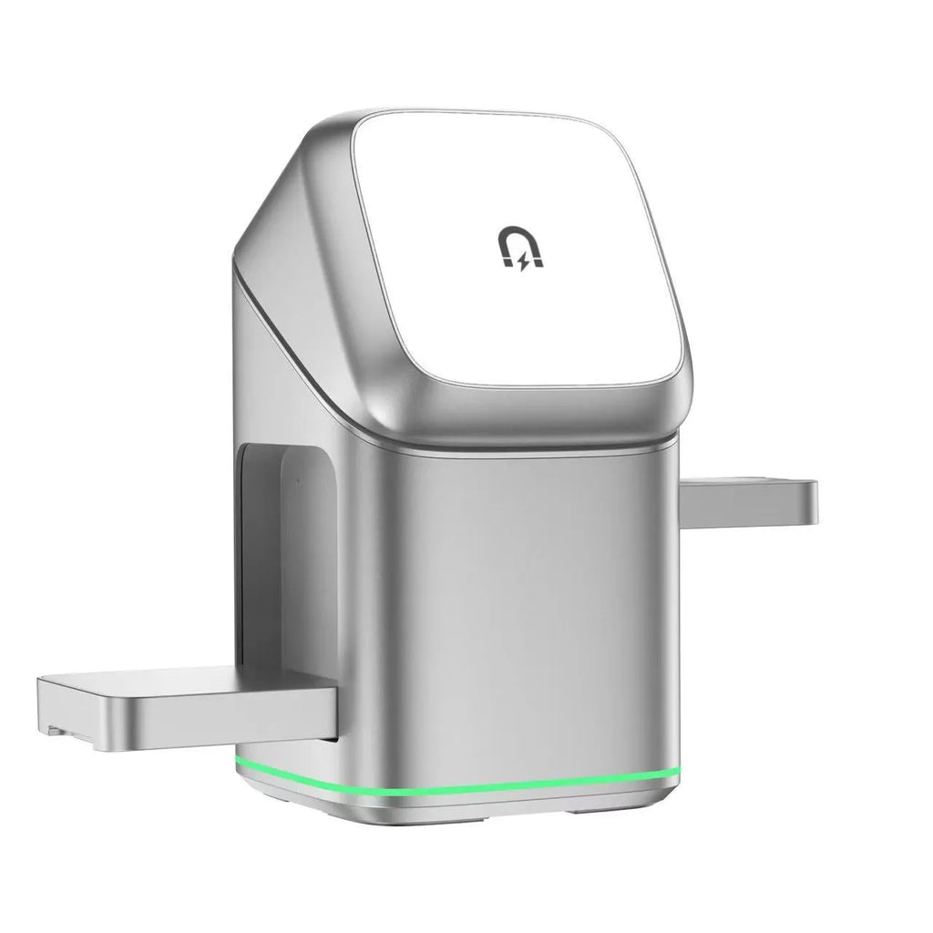 Black magnetic wireless phone charging stand showing 180-degree rotation with Type-C cable