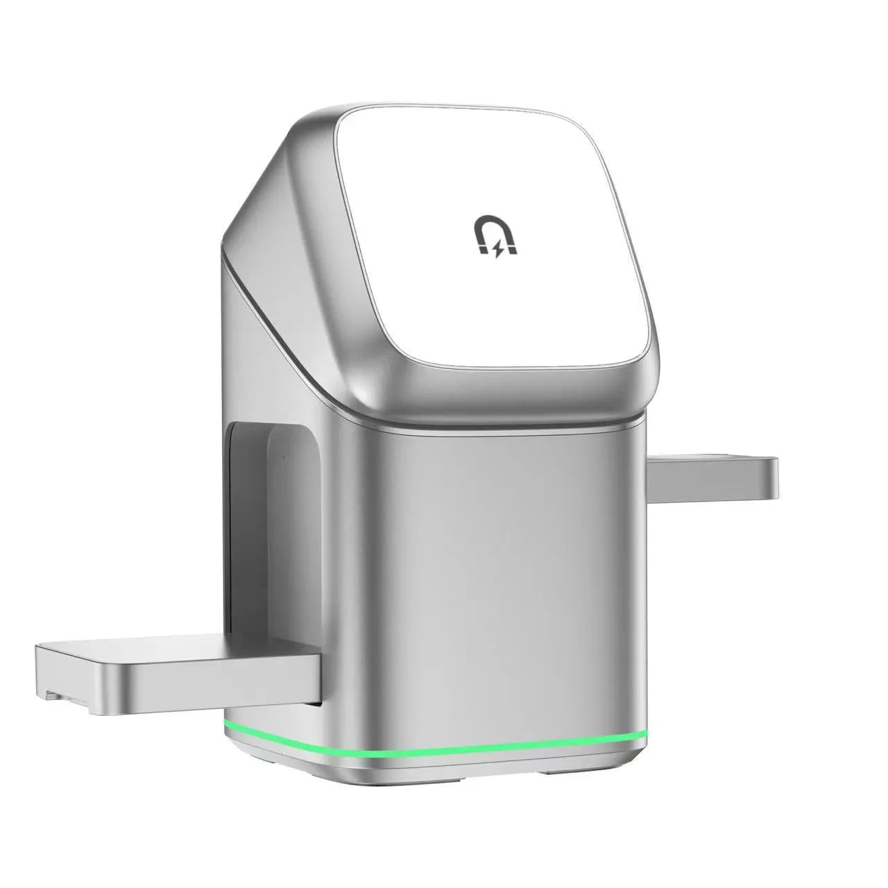 Black magnetic wireless phone charging stand showing 180-degree rotation with Type-C cable