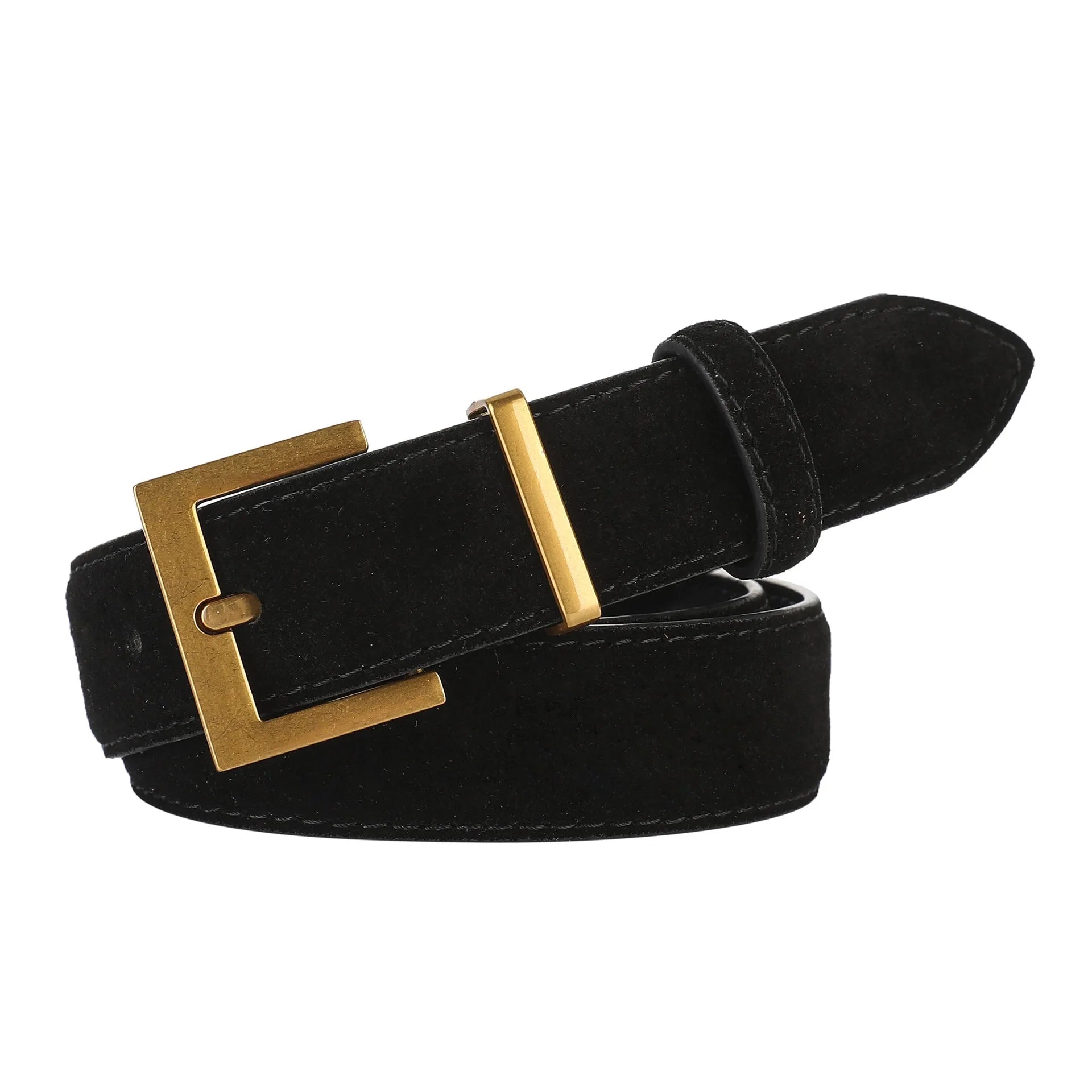 Ladies leather pin buckle belt in brown colour showing quadrilateral design and alloy buckle