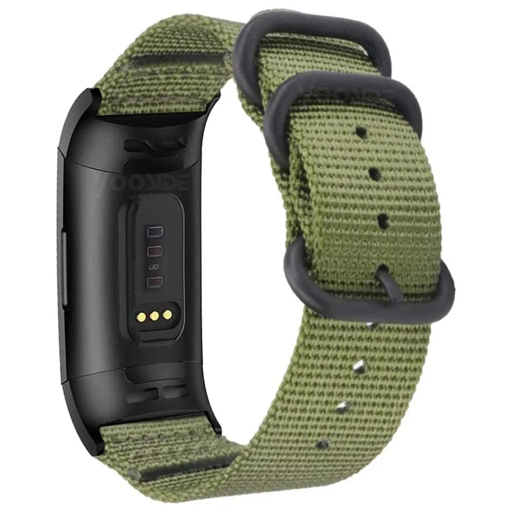 Army Green nylon strap with three-ring metal buckle for Fitbit Charge 3 fitness tracker