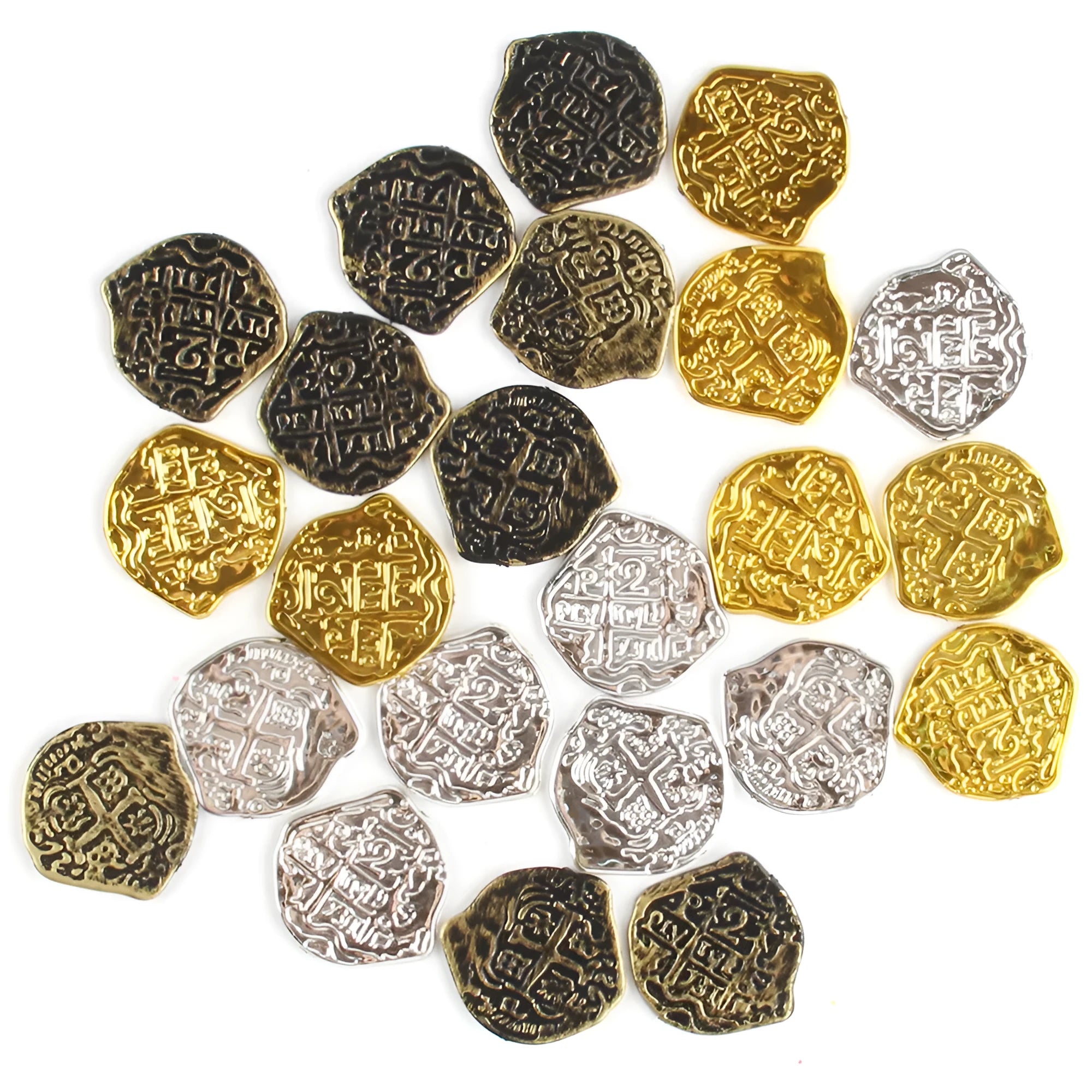 Set of 100 plastic replica Roman coins with metallic gold, silver, or bronze electroplated finish.