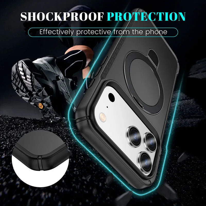 Metal magnetic bracket drop-resistant PC phone case for Samsung and iPhone, black frosted finish with integrated kickstand
