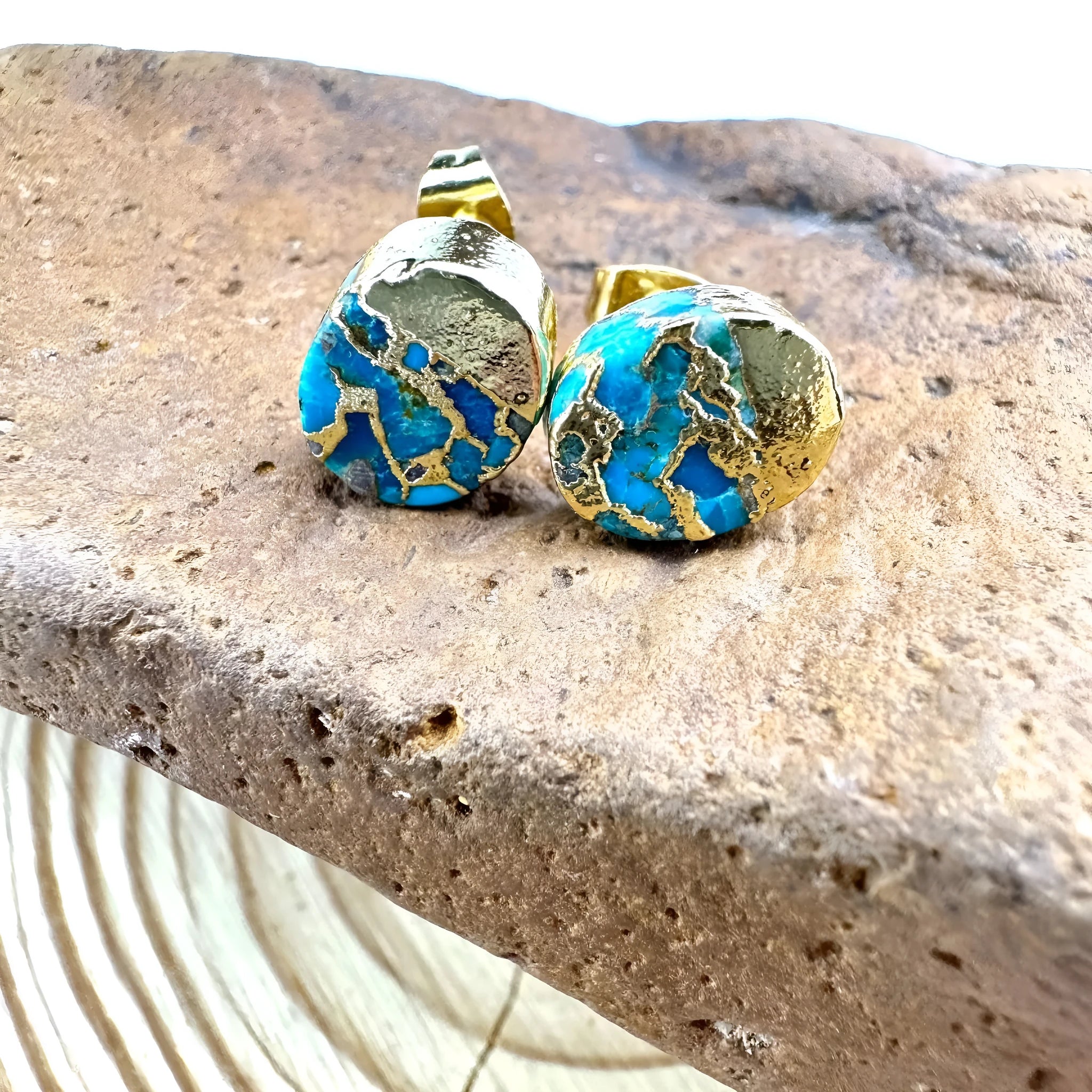 Natural stone bohemian style stud earrings with irregular cut on simple stud backs