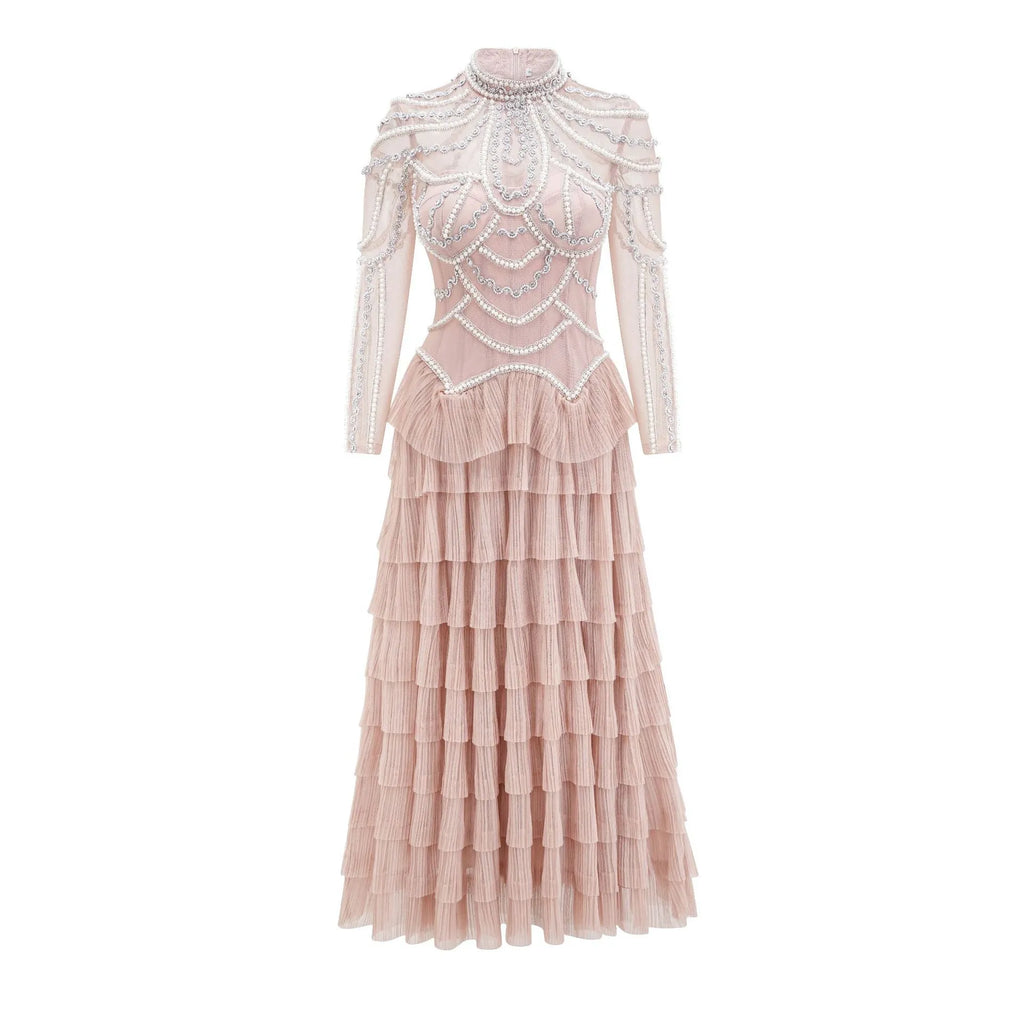 Women's black beaded long sleeve polyester dress with three-dimensional decoration