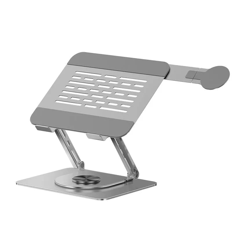 Silver carbon steel laptop stand with rotating platform and side-mounted magnetic phone holder