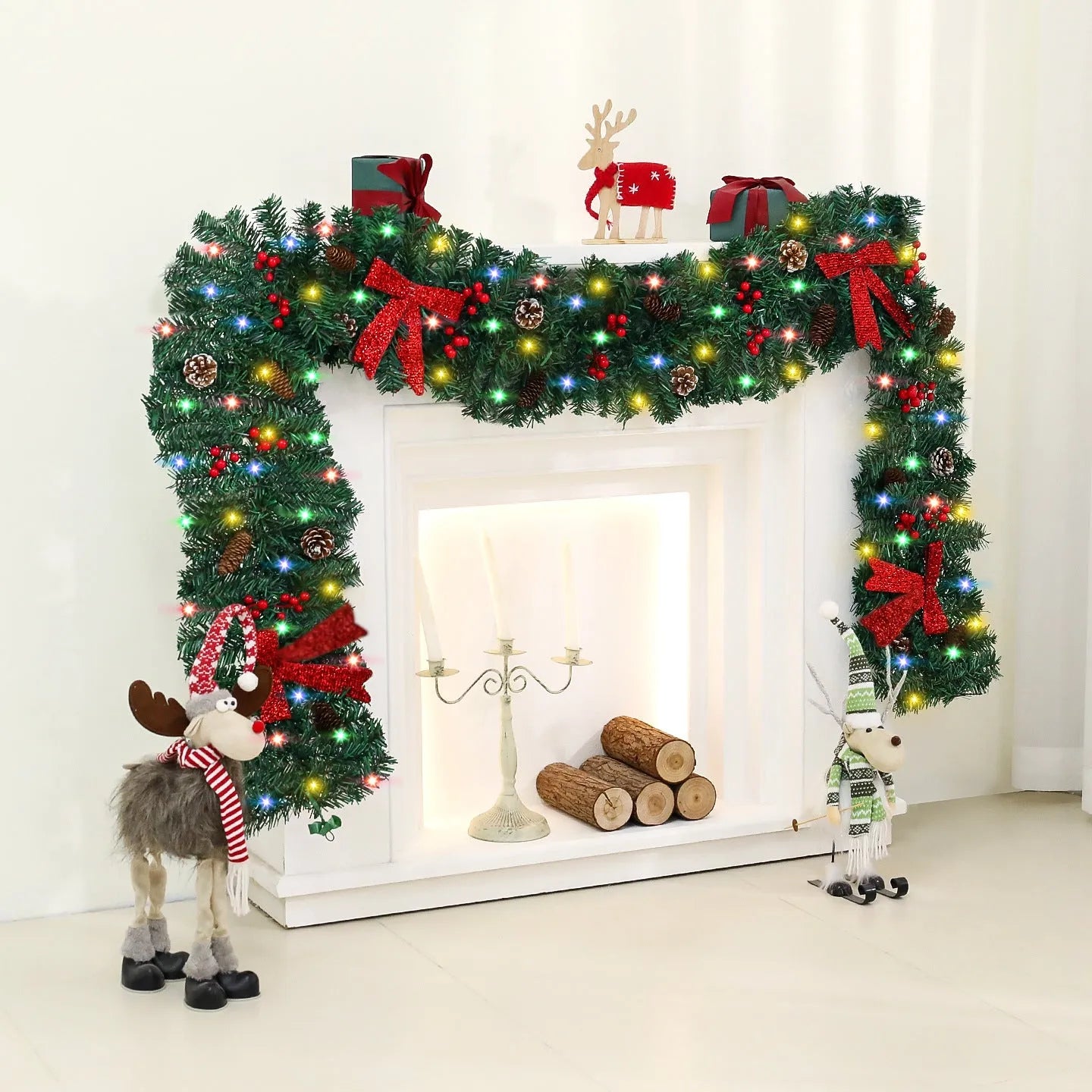 A modern European-style rattan Christmas cane decoration with a pine cone bow, available with different light options.
