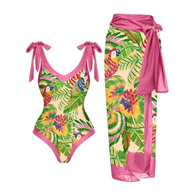 Women's solid colour spaghetti strap one-piece swimsuit with a matching skirt.