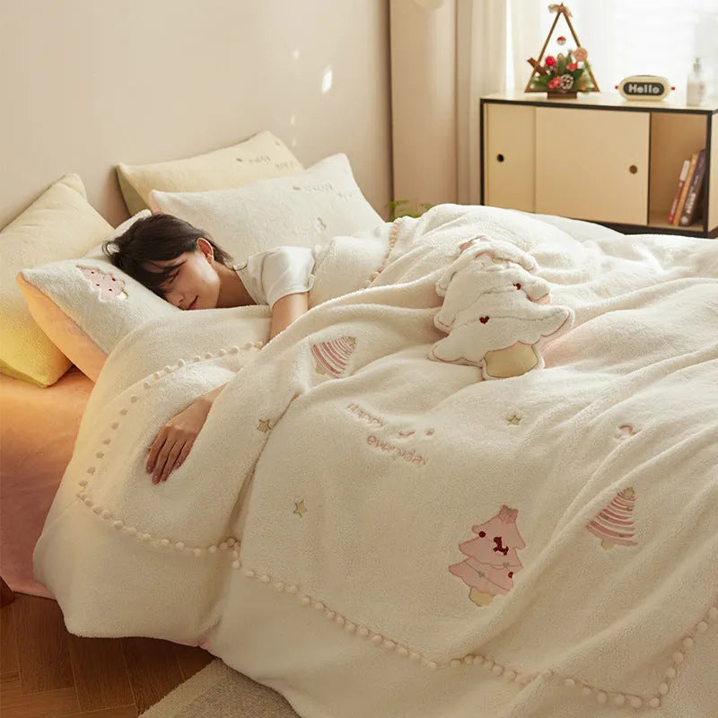 Milk fibre bedding four-piece set with green Christmas tree pattern showing quilt cover, sheet, and pillowcase