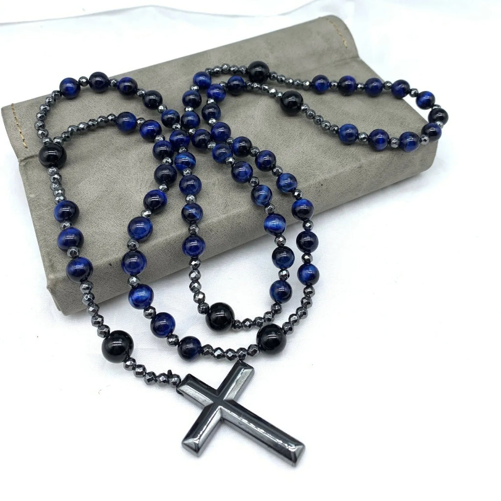 Men's stone cross pendant necklace on 80cm ball bead chain with safety clasp