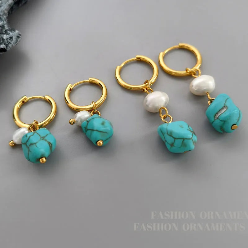 Copper geometric earrings with turquoise stones and cultured pearls in short and long drop styles