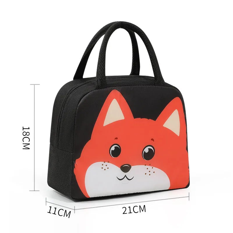 Cartoon children's insulated lunch box bag in choice of seven animal designs like orange bear and green dinosaur.