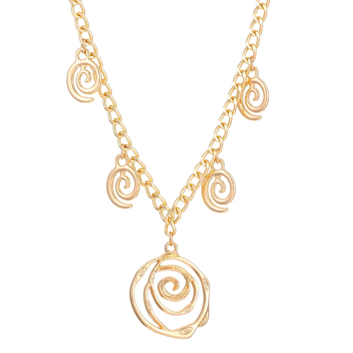 Gold tone spiral donut necklace, bracelet, and earrings set on a white background