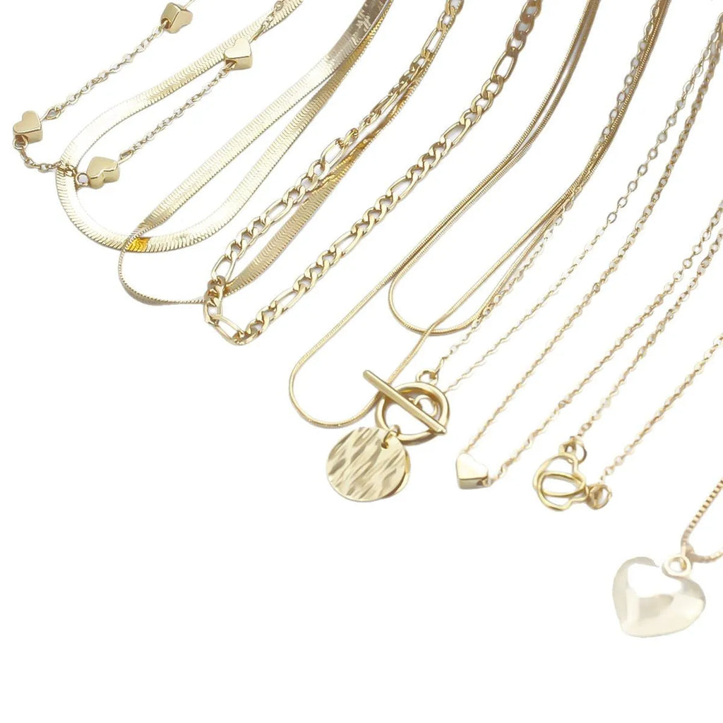 Gold electroplated women's necklace jewellery set with snake chain construction and alloy pendants