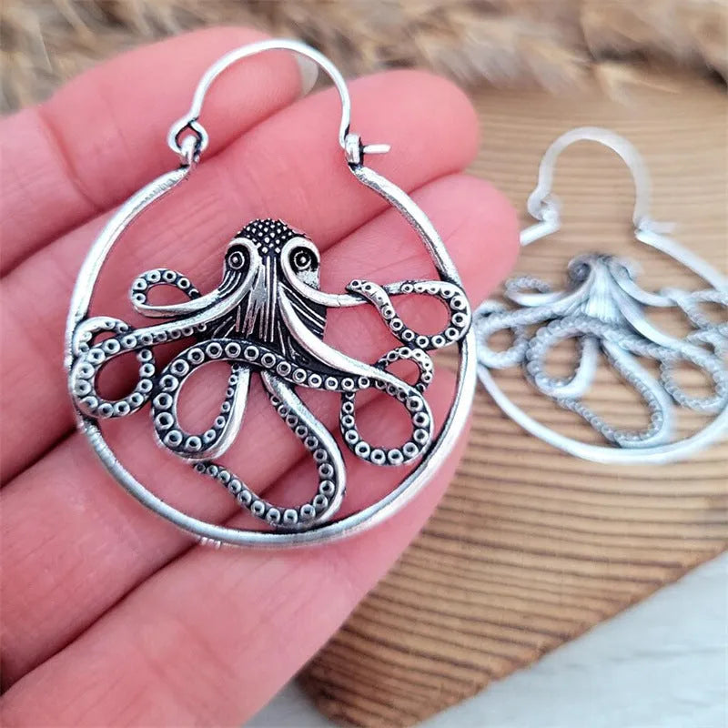 Antique silver octopus earrings with retro styling on zinc alloy construction